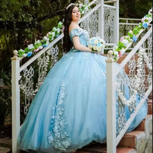 Load image into Gallery viewer, Light Blue Flowers Quincenera Birthday Gowns Ball Gown Appliqued Party Robe De Soiree Celebrity 15 Ans Vestidos Fiesta Plus