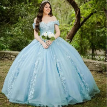 Load image into Gallery viewer, Light Blue Flowers Quincenera Birthday Gowns Ball Gown Appliqued Party Robe De Soiree Celebrity 15 Ans Vestidos Fiesta Plus