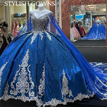 Load image into Gallery viewer, Off The Shoulder Ball Gown Beaded Lace Quinceanera Dress With Cape Corset Dresses Princess Sweet 16 Graduation Gowns