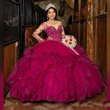Load image into Gallery viewer, Fuchsia Lace Beaded Quinceanera Prom Dresses Sheer Neck Long Sleeves Ruffles Skirt Ball Gown Evening Party Gowns Sweet 16 Dress