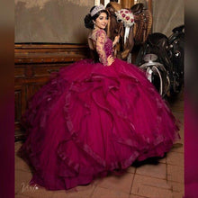 Load image into Gallery viewer, Fuchsia Lace Beaded Quinceanera Prom Dresses Sheer Neck Long Sleeves Ruffles Skirt Ball Gown Evening Party Gowns Sweet 16 Dress