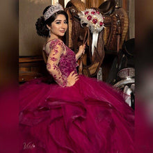 Load image into Gallery viewer, Fuchsia Lace Beaded Quinceanera Prom Dresses Sheer Neck Long Sleeves Ruffles Skirt Ball Gown Evening Party Gowns Sweet 16 Dress