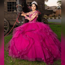 Load image into Gallery viewer, Fuchsia Lace Beaded Quinceanera Prom Dresses Sheer Neck Long Sleeves Ruffles Skirt Ball Gown Evening Party Gowns Sweet 16 Dress