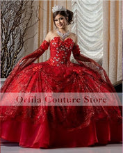 Load image into Gallery viewer, 2022 Red Beaded Lace Ball Gown Quinceanera Dresses Beaded Off Shoulder Tulle Sequined Sweet 15 16 Dress XV Party Wear