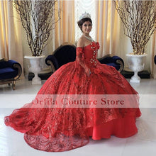 Load image into Gallery viewer, 2022 Red Beaded Lace Ball Gown Quinceanera Dresses Beaded Off Shoulder Tulle Sequined Sweet 15 16 Dress XV Party Wear