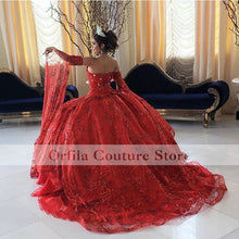 Load image into Gallery viewer, 2022 Red Beaded Lace Ball Gown Quinceanera Dresses Beaded Off Shoulder Tulle Sequined Sweet 15 16 Dress XV Party Wear