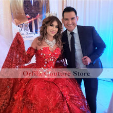 Load image into Gallery viewer, 2022 Red Beaded Lace Ball Gown Quinceanera Dresses Beaded Off Shoulder Tulle Sequined Sweet 15 16 Dress XV Party Wear