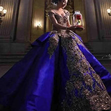 Load image into Gallery viewer, Luxury Detail Gold Embroidery Royal Blue Quinceanera Dresses Ball Gown Sweet 16 Dress Off Shoulder Masquerade Pageant Prom Gown