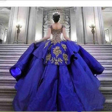 Load image into Gallery viewer, Luxury Detail Gold Embroidery Royal Blue Quinceanera Dresses Ball Gown Sweet 16 Dress Off Shoulder Masquerade Pageant Prom Gown