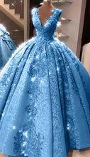 Load image into Gallery viewer, Blue Ball Gown Quinceanera Dresses V Neck Appliques Lace Prom Party Gowns for Girls 15 Years Crost Back