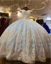 Load image into Gallery viewer, Sky Blue 2021 Ball Gown Quinceanera Dresses Bridal Gowns Off the Shoulder Sweet 16 Dress vestidos de xv años anos