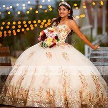Load image into Gallery viewer, Champagne Sequins Lace Puffy Ball Gown Quinceanera Dresses Flowers Sweet 16 Dress Pageant Gowns vestido de 15 anos XV