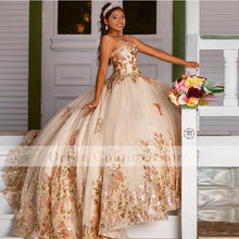Load image into Gallery viewer, Champagne Sequins Lace Puffy Ball Gown Quinceanera Dresses Flowers Sweet 16 Dress Pageant Gowns vestido de 15 anos XV