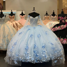 Load image into Gallery viewer, 2021 Pink White Princess Quinceanera Dress with Cape Wrap Appliques Sequins Flowers Party Sweet 16 Gown Vestidos De 15 Años XV