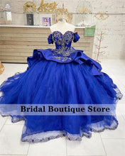Load image into Gallery viewer, Dark Blue Quinceanera Dresses Satin Beading Sequin Sweetheart Cap Sleeve Long Formal Party Ball Gowns Vestidos De 15 Años