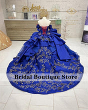 Load image into Gallery viewer, Dark Blue Quinceanera Dresses Satin Beading Sequin Sweetheart Cap Sleeve Long Formal Party Ball Gowns Vestidos De 15 Años