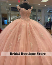 Load image into Gallery viewer, Glitter Crystal Ball Gown Quinceanera Dresses Cap Sleeve Sweetheart Appliques Vestidos XV Años Sweet 16 Dress Graduation