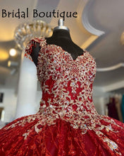 Load image into Gallery viewer, Red Beaded Ball Gown Quinceanera Dresses Gold Appliques Sweet 16 Dress Pageant Gowns vestido de 15 anos años quinceañera