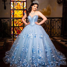 Load image into Gallery viewer, Light Sky Blue Princess Quinceanera Dress 2021 Off Shoulder Appliques Sequins Flowers Party Sweet 16 Gown Vestidos De 15 Años