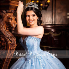 Load image into Gallery viewer, Light Sky Blue Princess Quinceanera Dress 2021 Off Shoulder Appliques Sequins Flowers Party Sweet 16 Gown Vestidos De 15 Años