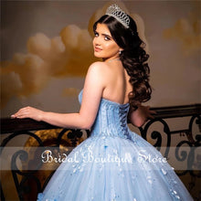 Load image into Gallery viewer, Light Sky Blue Princess Quinceanera Dress 2021 Off Shoulder Appliques Sequins Flowers Party Sweet 16 Gown Vestidos De 15 Años