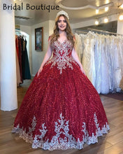 Load image into Gallery viewer, Red Beaded Ball Gown Quinceanera Dresses Gold Appliques Sweet 16 Dress Pageant Gowns vestido de 15 anos años quinceañera