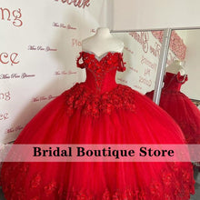 Load image into Gallery viewer, Attractive Red Quinceanera Dresses Off Shoulder Flowers Appliques Beaded Ball Gown Lace-Up Sweet 16 Dress Vestidos De 15 Años