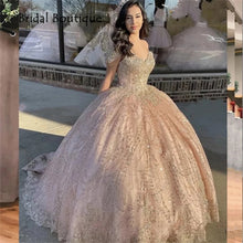 Load image into Gallery viewer, Blush Pink Quinceanera Dress V-Neck Cap Sleeve Lace Appliques Sequins Prom Party Princess Ball Gown Sweet 16 Vestidos De 15 Años