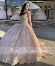 Load image into Gallery viewer, Blush Pink Quinceanera Dress V-Neck Cap Sleeve Lace Appliques Sequins Prom Party Princess Ball Gown Sweet 16 Vestidos De 15 Años