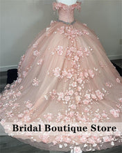 Load image into Gallery viewer, Baby Pink Beaded Quinceanera Dresses Off The Shoulder Crystal Princess Sweet 15 16 Dress Birthday Gowns 3D Flower Lace Up