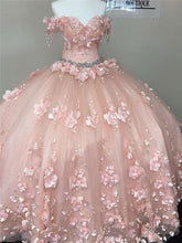 Load image into Gallery viewer, Baby Pink Beaded Quinceanera Dresses Off The Shoulder Crystal Princess Sweet 15 16 Dress Birthday Gowns 3D Flower Lace Up
