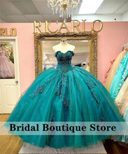 Load image into Gallery viewer, Dark Green Quinceanera Dresses Applique Off Shoulder Sweet 16 Prom Gowns Tulle vestidos de 15 años xv dress Corset Back