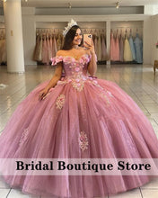 Load image into Gallery viewer, Pink O Neck Ball Gown Quinceanera Dresses Tulle Long Sleeves Appliques Princess Sweet 15 16 Dress Graduation