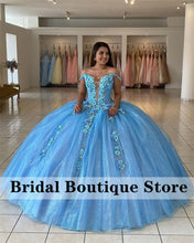 Load image into Gallery viewer, Glitter Sky Blue Ball Gown Quinceanera Dresses Cape Sleeve Appliques Cinderella Birthday Dress Vestidos De 15 Años