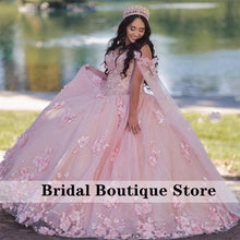 Load image into Gallery viewer, Pink Off Shoulder Ball Gown Quinceanera Dresses 3D Appliques Beaded Corset Dress Long Robe Princesse Femme