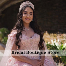 Load image into Gallery viewer, Pink Off Shoulder Ball Gown Quinceanera Dresses 3D Appliques Beaded Corset Dress Long Robe Princesse Femme