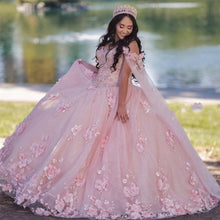 Load image into Gallery viewer, Pink Off Shoulder Ball Gown Quinceanera Dresses 3D Appliques Beaded Corset Dress Long Robe Princesse Femme