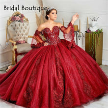 Load image into Gallery viewer, Princess Burgundy Lace Appliques Quinceanera Dresses 2021 Off Shoulder Long Sleeve Prom Party Sweet 16 Gown Vestidos De 15 Años