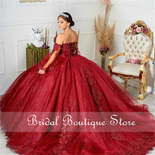 Load image into Gallery viewer, Princess Burgundy Lace Appliques Quinceanera Dresses 2021 Off Shoulder Long Sleeve Prom Party Sweet 16 Gown Vestidos De 15 Años