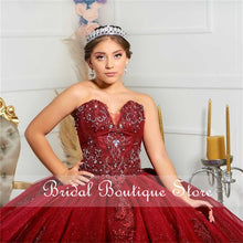 Load image into Gallery viewer, Princess Burgundy Lace Appliques Quinceanera Dresses 2021 Off Shoulder Long Sleeve Prom Party Sweet 16 Gown Vestidos De 15 Años