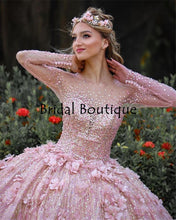 Load image into Gallery viewer, Rose Gold Long Sleeves 3D Flower Quinceanera Prom dresses Ball Gown Beaded Illusion Evening Formal Gowns Sweet 16 Vestidos