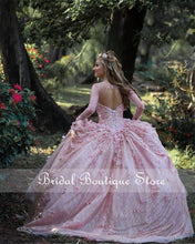 Load image into Gallery viewer, Rose Gold Long Sleeves 3D Flower Quinceanera Prom dresses Ball Gown Beaded Illusion Evening Formal Gowns Sweet 16 Vestidos