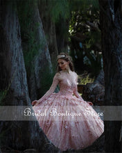Load image into Gallery viewer, Rose Gold Long Sleeves 3D Flower Quinceanera Prom dresses Ball Gown Beaded Illusion Evening Formal Gowns Sweet 16 Vestidos