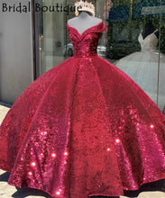 Load image into Gallery viewer, Stuning Burgundy Quinceanera Dresses Sequid Off the Shoulder Sweet 16 Prom Gowns Tulle vestidos de 15 años xv dress Corset