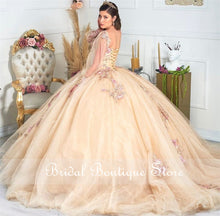 Load image into Gallery viewer, Ball Gown Quinceanera Dresses Off Shoulder Long Sleeve Lace Appliques Beads Formal Prom Party Gowns Light Champagne 2021