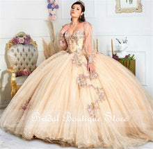Load image into Gallery viewer, Ball Gown Quinceanera Dresses Off Shoulder Long Sleeve Lace Appliques Beads Formal Prom Party Gowns Light Champagne 2021
