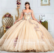 Load image into Gallery viewer, Ball Gown Quinceanera Dresses Off Shoulder Long Sleeve Lace Appliques Beads Formal Prom Party Gowns Light Champagne 2021