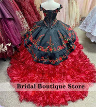 Load image into Gallery viewer, Two Pieces Red and Black Ruffles Ball Gown Quinceanera Dress Embroidery Mexican Dress Vestidos De 15 Años 2022