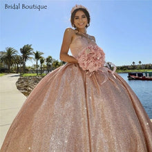 Load image into Gallery viewer, Rose Gold Quinceanera Dresses Sweetheart Sequins Sweet 15 16 Dress Backless Puffy Skirt Birhtday Party Ball Gown Prom Dress
