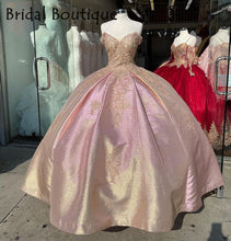 Load image into Gallery viewer, Pink Mexican Quinceanera Dresses Gold Appliques Prom Gowns Beads Organza Ruffles Skirt Corset Back Pageant Dress